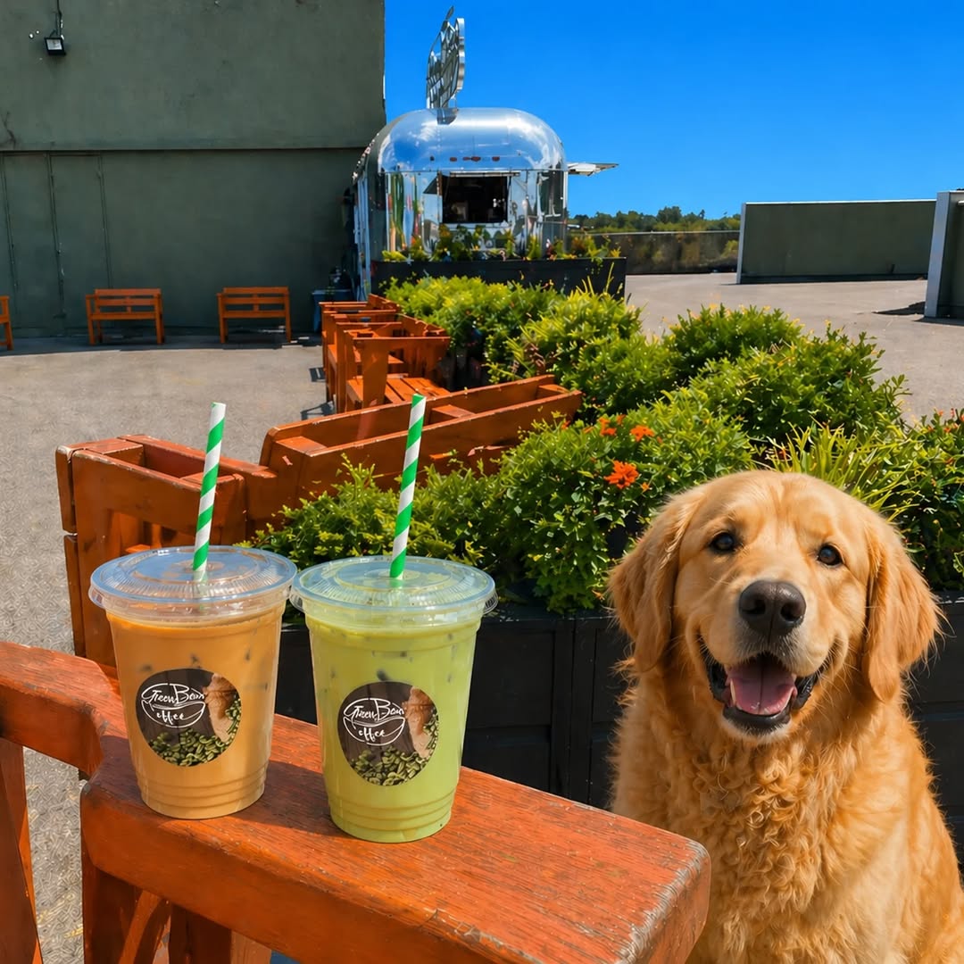 Golden retriever next to two iced drinks with coffee truck exterior.