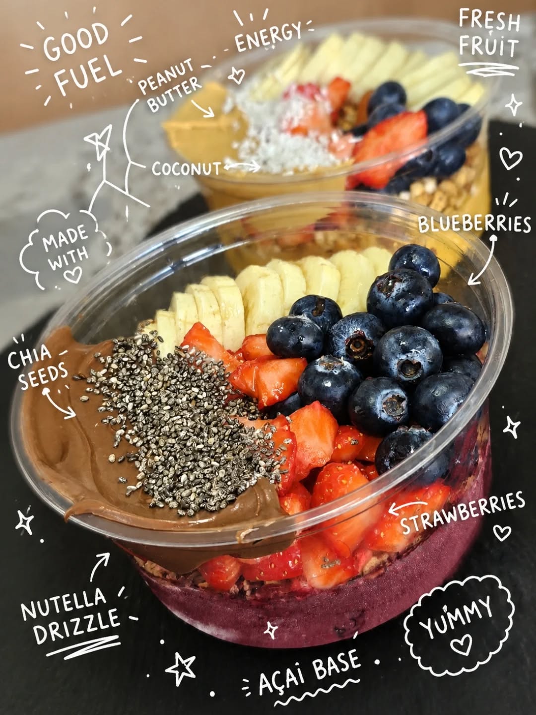 Acai bowl topped with strawberries, bananas, blueberries, and chia seeds